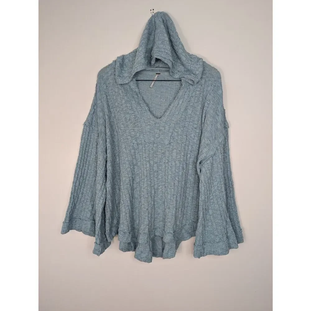 Free People Baja Babe Hacci Oversized Bell Sleeve Hooded Textured Knit Top